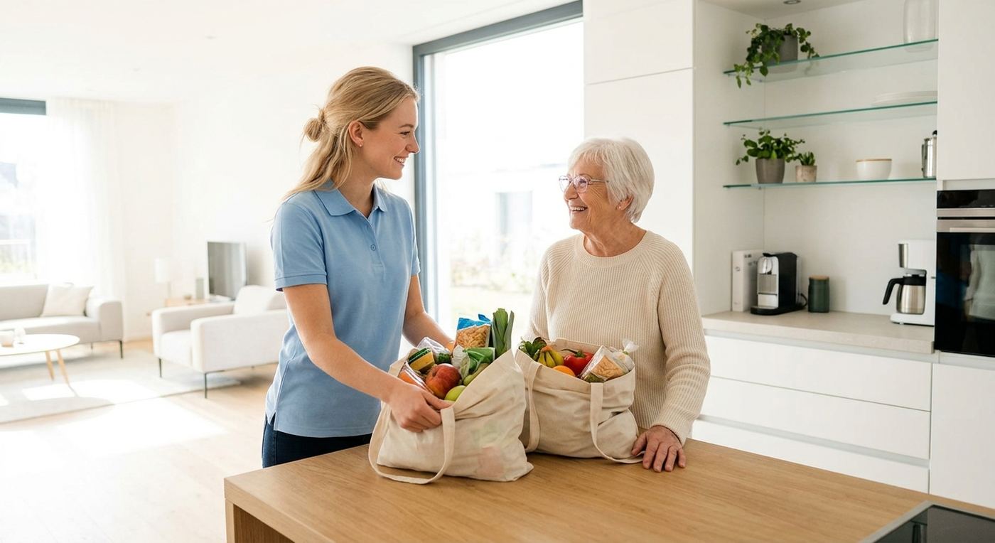 Aide à domicile : rangement des courses dans la cuisine d'une cliente