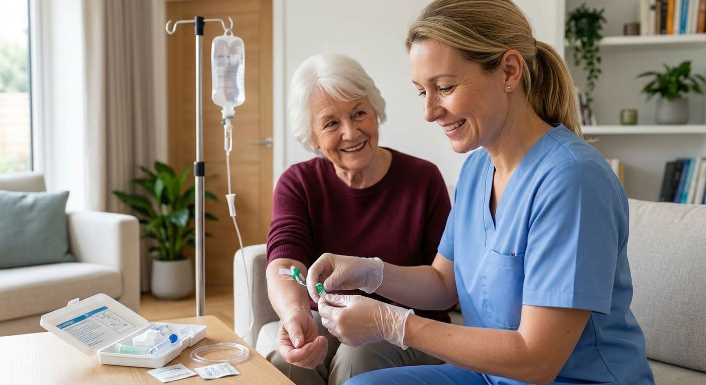 Pose d'une perfusion chez une patiente, à son domicile